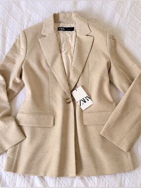 🤎 ZARA • Beige Herringbone Twill Tailored Oversized Longline Blazer